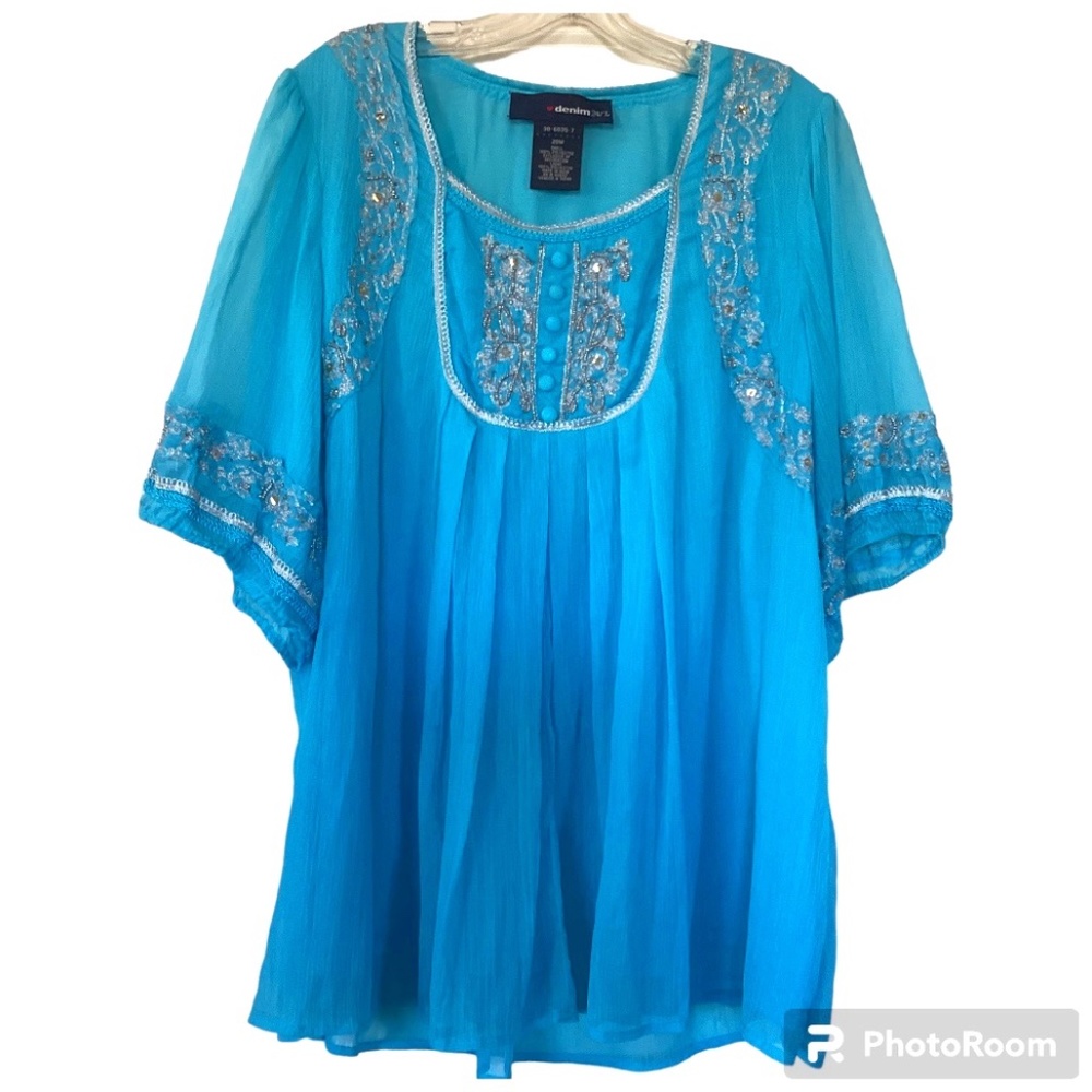 Denim 24/7 Women’s Plus Size 20W Top Short Sleeves Embellished Gauzy Flowy Blue